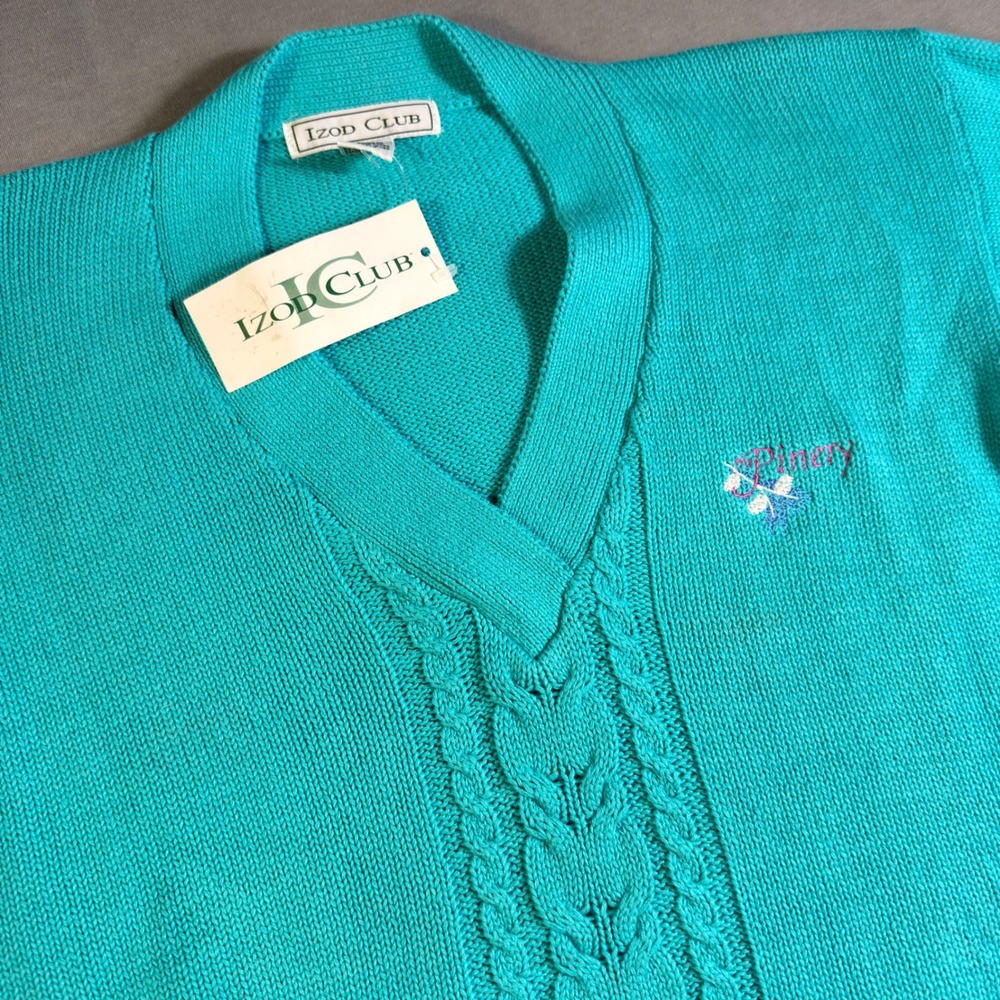 Izod Club Vintage Womens V-Neck Cable Knit Sweater Teal Cotton The Pinery Size M